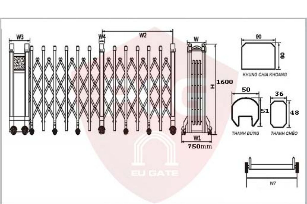 Cấu tạo cổng xếp hợp kim nhôm